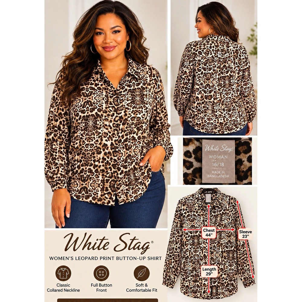 White Stag Women Leopard Print Button-Up Shirt Sz 16/18 Plus NWOT Vintage Style